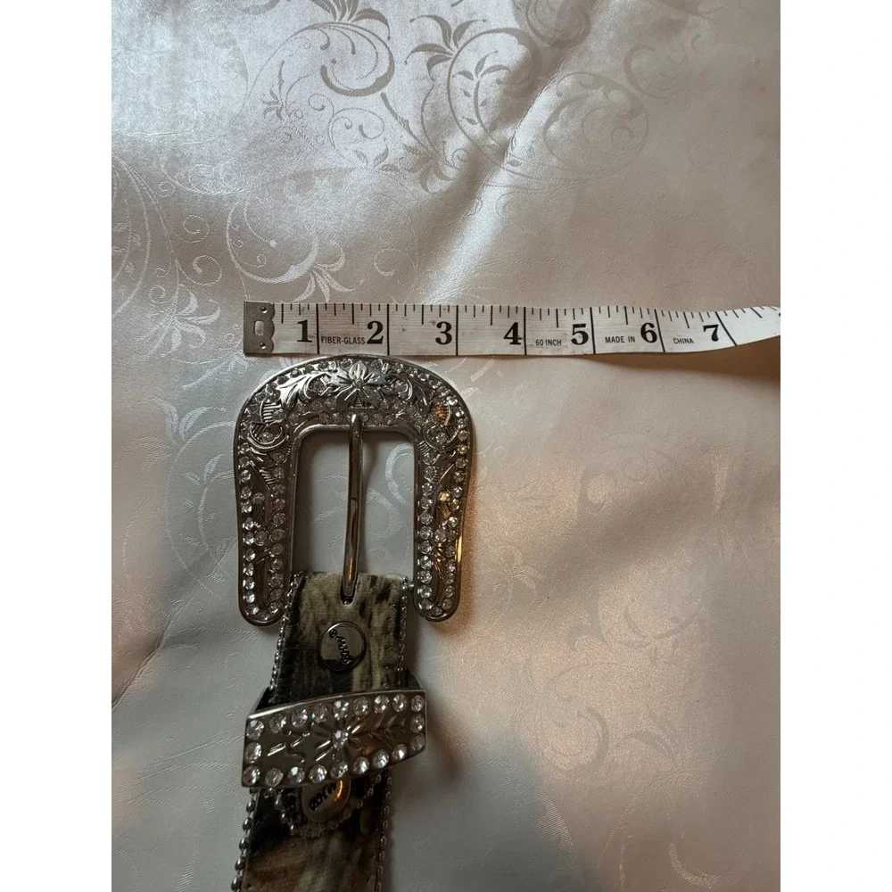 BHW Western Camo Hair on‎ Hide Rhinestone Studded Belt Silver Buckle Size M